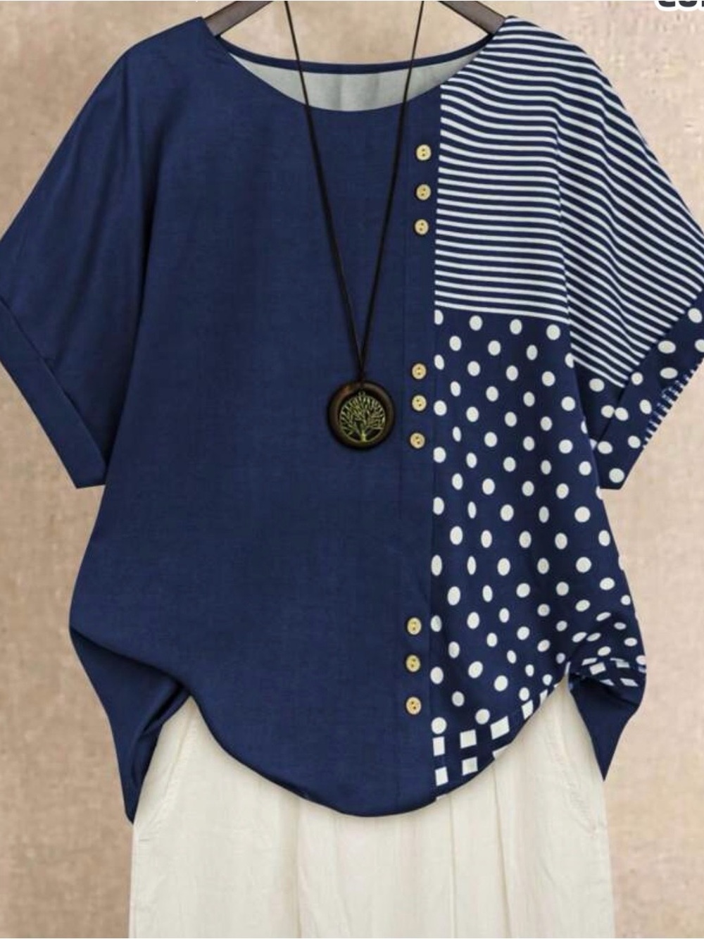 Women's Navy‎ Mixed-Pattern Short Sleeve Top